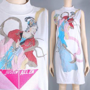 S Vintage 1980s Justin Allen Hand Painted Geisha Loose Tee Shirt Dress 80s